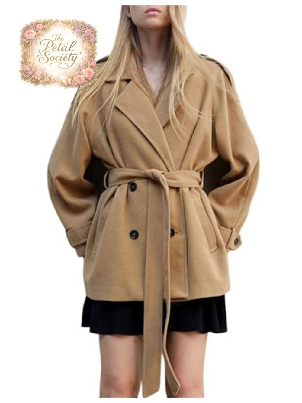 Wool Blend Pea Coat Notch Lapel Double Breasted Belted Winter Jacket